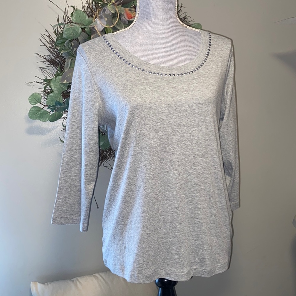 3/4 sleeve scoop neck relaxed t-shirt for women light grey/gray XL
